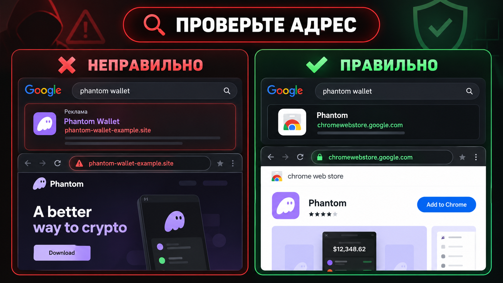 Сравнение поддельного рекламного сайта и официальной страницы Phantom в Chrome Web Store