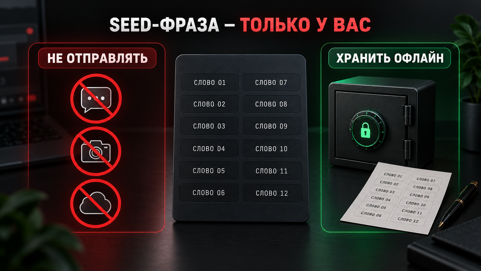 Учебный пример безопасного офлайн-хранения seed-фразы
